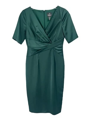 Vestido de cóctel Adrianna Papell verde satinado envolvente manga corta talla 4 Foto 1 de 4