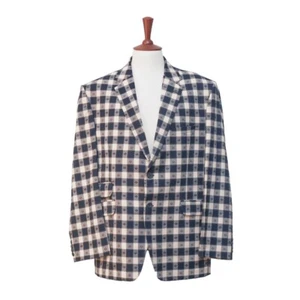 Mens Blazer Blue Beige Plaid Check Cotton Dress Formal Jacket Sport Coat 48R - Picture 1 of 6