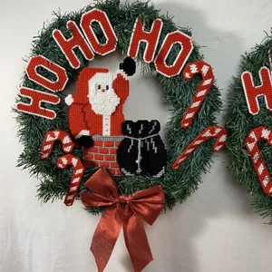 Vintage Lot 2 Christmas Plastic Craft 15” Wreath Holiday Decorations Santa Ho Ho - Picture 1 of 12