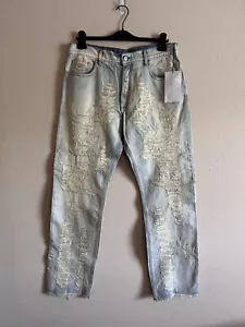 1017 Alyx 9SM Destroyed Embroidery Denim Jeans - Size Small - Blue - Brand New - Picture 1 of 10