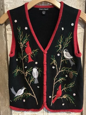 VTG Women’s Christmas Vest Appliqué Cardinals/  Birds Beaded Heads Size L - Image 1 of 4