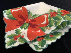 2097🌟Vintage Weihnachten Feiertag Taschentuch - Stechpalm Kranz Gold Beeren Druck - Bild 1 von 8