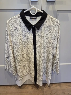 Karl Lagerfeld Paris Blouse Women's Size XL Black White Lace Accent Lined Shirt - Image 1 of 4