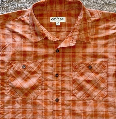 Camisa ORVIS Naranja a Cuadros S/S Rendimiento Exterior L Dos Bolsillos ¡COMO NUEVA! Foto 1 de 4