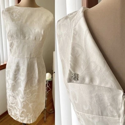 Vintage 50s-Inspired Sheath Wedding Dress 1X/2X Brocade Tea Length Wedding Gown - Image 1 of 4
