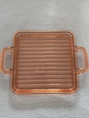 Rare Heavy Vintage Pink Depression Glass Square Ribbed Tray with Handles 9 1/2"  - image 1 of 4