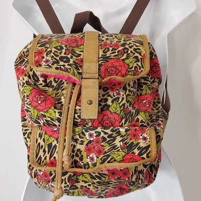 Bongo Mochila Cartera Bolso Leopardo Rosas Estampado Lona Caqui Marrón Rojo Boho Punk Foto 1 de 4