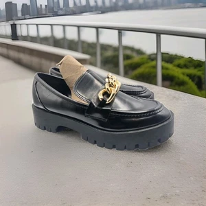 Womens Guess Hillford Black Faux Leather Chunky Platform Lug Loafers Size 10M - Picture 1 of 7