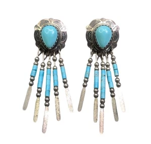 Vintage QT QUOC Earrings Sterling Silver Turquoise Concho Drop Dangle - Picture 1 of 6