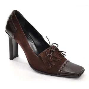 Ladies Casadei Square Toe Kiltie Pumps 6 B Brown Suede Leather Heels Shoes Italy - Picture 1 of 5