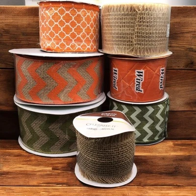 Fall Burlap Ribbon Lot 7 Rolls – 2.5" Wired Chevron Orange Green Natural Jute - Image 1 of 4