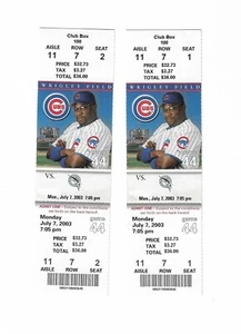 Boletos de béisbol sin usar de los Cachorros de Chicago vs los Marlins de Florida del 7/07/2003 - Imagen 1 de 2