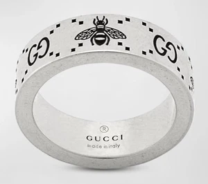 GUCCI 'Anillo Grabado GG y Abeja' Plata Esterlina Unisex 6mm Talla 20 EE. UU. 9 **NUEVO CON ETIQUETAS** - Imagen 1 de 24