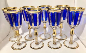 8 Moser Bohemian Goblets, Cabachon Overlay Crystal, Royal Blue - Picture 1 of 9