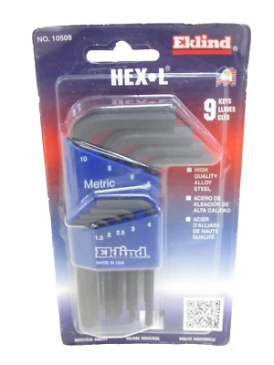 NEW! EKLIND TOOLS 9-pc. METRIC HEX-L KEY WRENCH SET, #10509, USA - Image 1 of 3