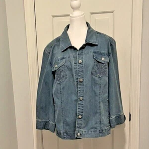 Y2K Short MD/LT BLUE JEAN DENIM JACKET~EMBRODRIED ACCENTS/RHINESTONES SZ 18 - Picture 1 of 18