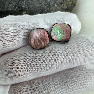 Vintage Anson Square Abalone Shell Silver Tone Cuff Links MCM - Picture 1 of 9