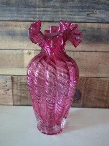 Vintage Fenton Art Glass Vase Cranberry Red Ruffled Edge Swirl Body 10.5"  - Picture 1 of 6