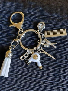 Brand New Cute Hair Stylist Dresser Shears & Comb White Tassel Silver Keychain - Picture 1 of 3