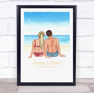 Sunny Beach Romantic Gift For Him or Her Personalised Couple Print - Picture 1 of 5
