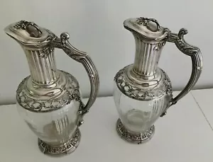 A Lovely Pair Of Antique 19th Century French Sterling Silver&Cut Glass Pitchers  - Picture 1 of 11