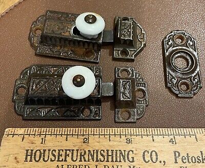 OLD EASTLAKE VICTORIAN SPRING LATCH CATCH PORCELAIN KNOB /Button Cover As Is! • 25.46$