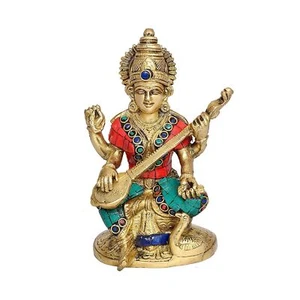 Goddess Saraswati Murti Saraswati Idol Brass Statue Good Luck Height 6.5 inches - Picture 1 of 3