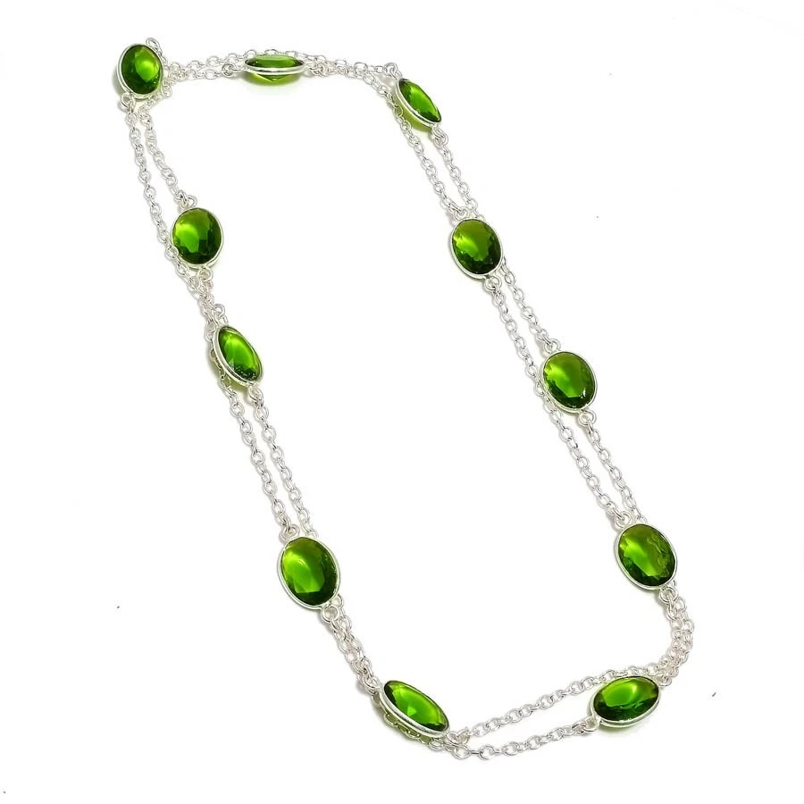 Green Peridot Gemstone Handmade 925 Sterling Silver Jewelry Necklace 36" - Image 1 of 1