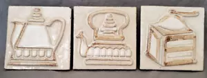 3 Art Tile Pottery Kettle Coffee Grinder Country Kitchen Trivet Wall Hanging - Picture 1 of 24