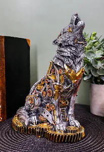 Ebros Steampunk Silver Alpha Wolf Howling Statue with Gears Base 7.5"H Figurine - Picture 1 of 7
