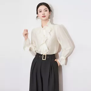 Nuevas camisas francesas de palacio para mujer manga larga borde de hongo cuello alto camisa - Imagen 1 de 24