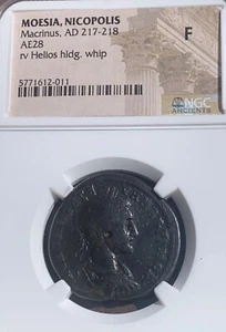 Macrinus Moesia Nicopolis AE28 AD 217-218 Helios Whip NGC F - Picture 1 of 9