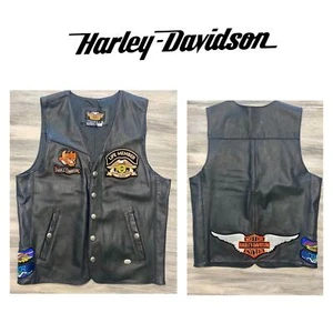 Mens Vtg Harley Davidson Leather Vest Snaps Patches Lined Pockets Size Large L - Picture 1 of 14
