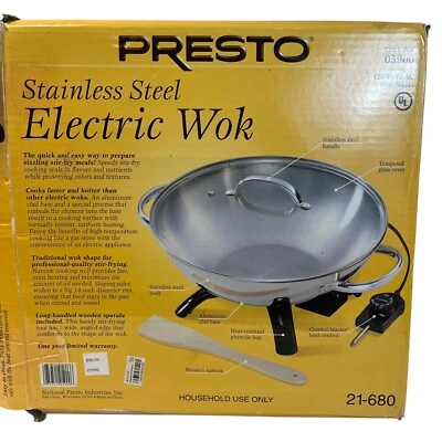 Wok eléctrico Presto de acero inoxidable con tapa de vidrio 05900 nuevo caja abierta Foto 1 de 4