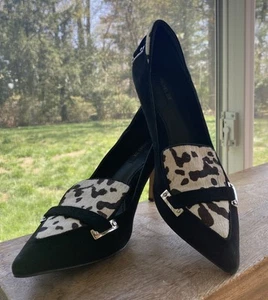 Rachel Zoe Leopard Calf Hair Vamp Leather Pointed Toe Pumps Black Size 8 - Picture 1 of 12