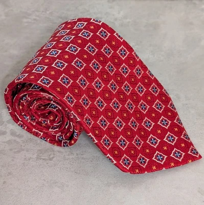Roundtree & Yorke 100% Silk Red Men's Tie White Squares Hand Sewn In USA 59"x4" - Image 1 of 4