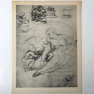 Raphael Pen Skizzen für Alba Madonn Vintage Kollotypie Kunstdruck italienische Zeichnung - Bild 1 von 3