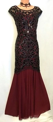 UK 18/20 - Vestido de noche/vestido de baile elástico negro y rojo, cuentas y lentejuelas Foto 1 de 4