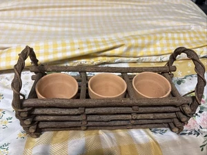 Grapevine Pot Holder With Handles & 3 Mini Terra Cotta Pots - Picture 1 of 1