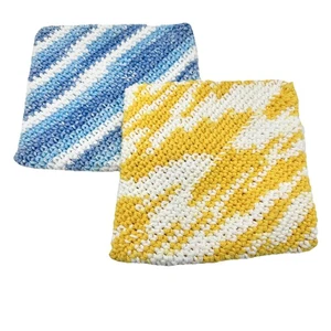 Set of 2 Handmade Crochet Potholders Trivets Double Thick Cotton Blue Yellow 7” - Picture 1 of 8