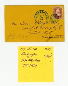 US Cover Scott # 65 - Bloomington to Lake City, Minn. - 7/25/1864 (12-C257) - Picture 1 of 3