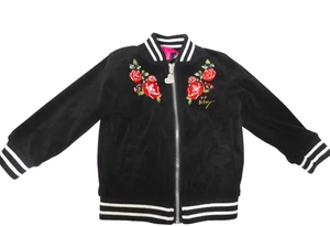 Betsey Johnson Velour Bomber Jacket Girls 24 Mo. Black Embroidered Rose Zip Up - Picture 1 of 8