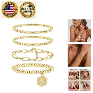 Elegant 4-Piece Gold Bracelets Set with Initial Pendant - Perfect Gift for Her - Picture 1 of 7