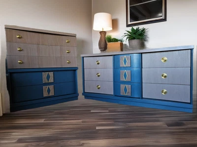 Juego de 2 aparadores de muebles Bassett modernos de mediados de siglo vintage RARO personalizado Foto 1 de 4