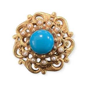 Broche Vintage Florenza Cúpula Turquesa Cabujón Imitación Perlas Tono Dorado - Imagen 1 de 3