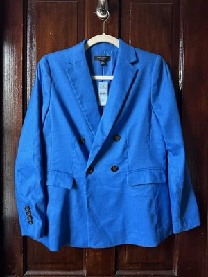 NWT Ann Taylor Blue Linen Blend Double Breasted Blazer Women’s Size 4 PETITE - Image 1 of 4