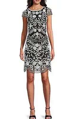 Vestido de cóctel Pisarro Nights negro blanco con cuentas para dama talla 10 ~ ¡impecable! Foto 1 de 4