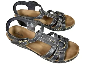 CLARKS Lexi Sumac Sandal SIZE 10 Blue Leather Wedge Slingback Comfort Strappy - Picture 1 of 11