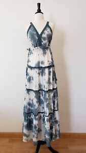 Anthropologie Maxi Dress New Size Medium Tie Dye Blue Crochet Drawstring Boho