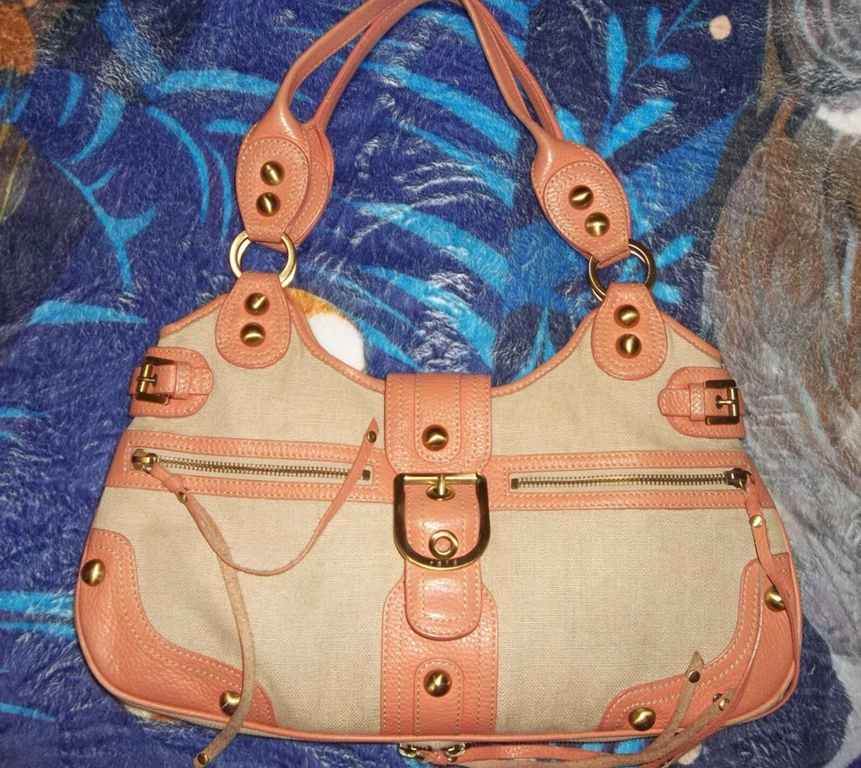 Rafe New York Linen & Leather Handbag Large Hobo Tan Coral Expandable  - Image 1 of 4